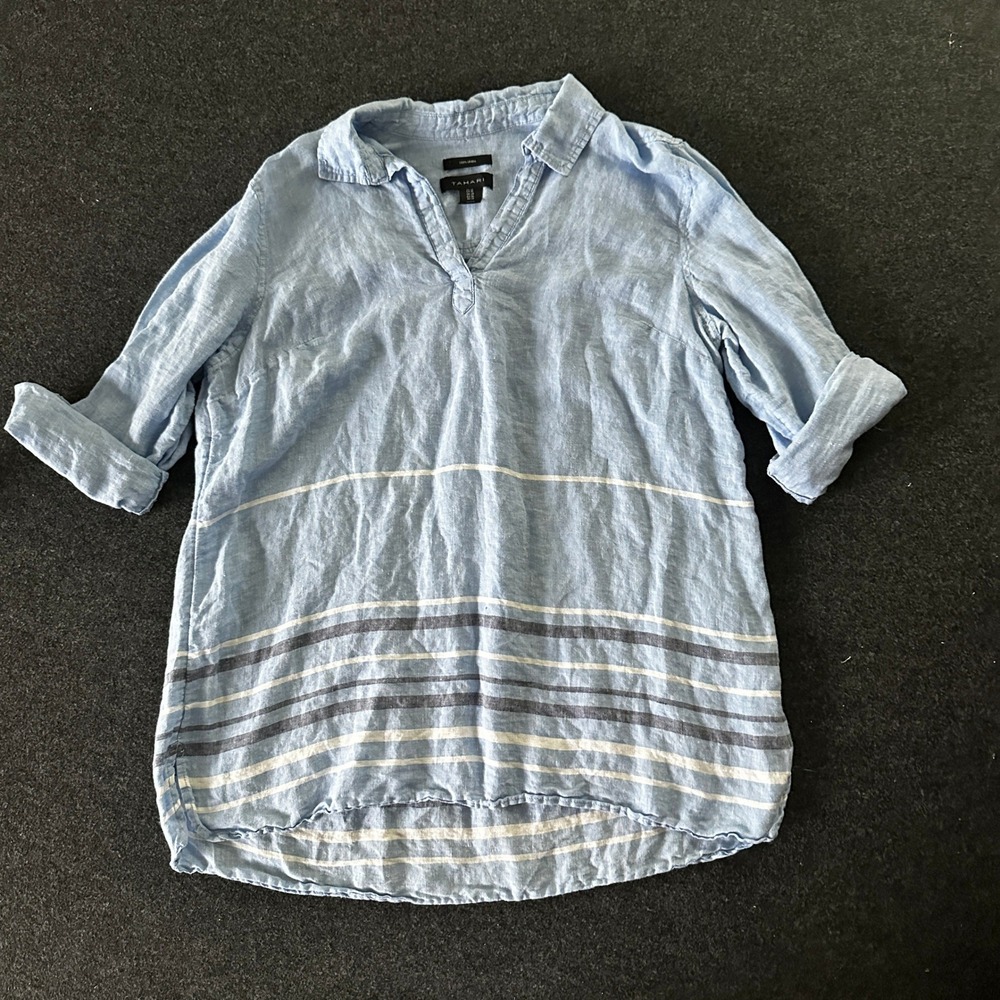 Tahari Women 1X Blue Striped 100% Linen Roll Tab Sleeve V-Neck Tunic Top RN59478